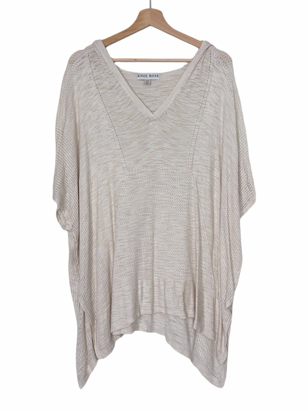 Knox Rose Short-Sleeve Poncho Sweater w/ Hoodie Medium / Large Tan Oatmeal
